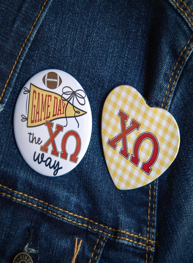SCRAPHEART Chi Omega Sorority 2-Pin Button Set, Licensed Chi O Game Day Pin and Heart-Shaped Gingham Button Set, ChiO Big Little Gift, Bid Day Favors, Greek Life Cute Sorority Accessories, Chi Omega Gifts - Image 4